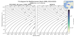 Regional mean of T-S diagram for Mediterranean_Basin (ANN, 0016-0020)
 -1000.0 m < z < 0.0 m